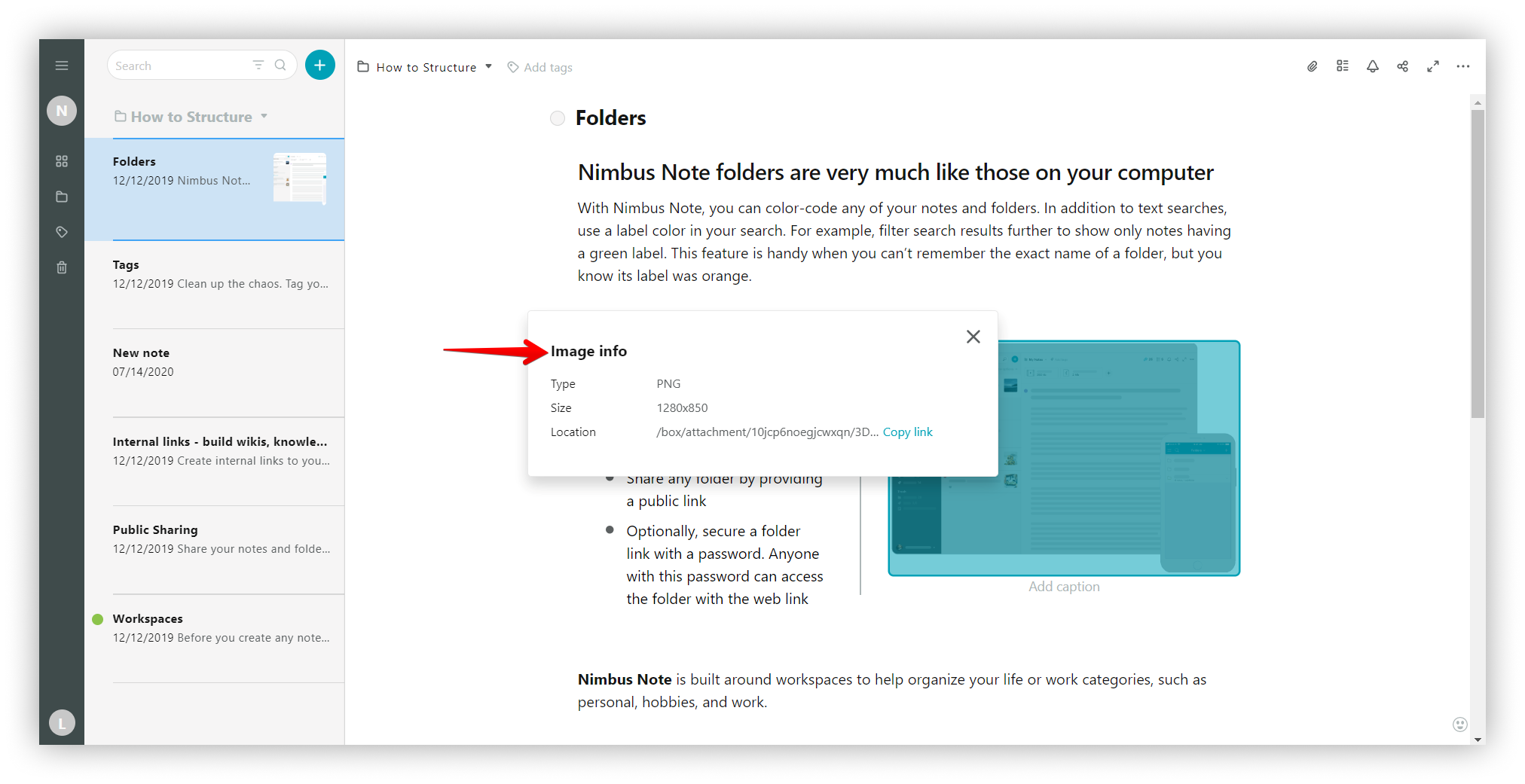 You can see information about a photo, such as its type / size / location. Access by clicking on Image info.